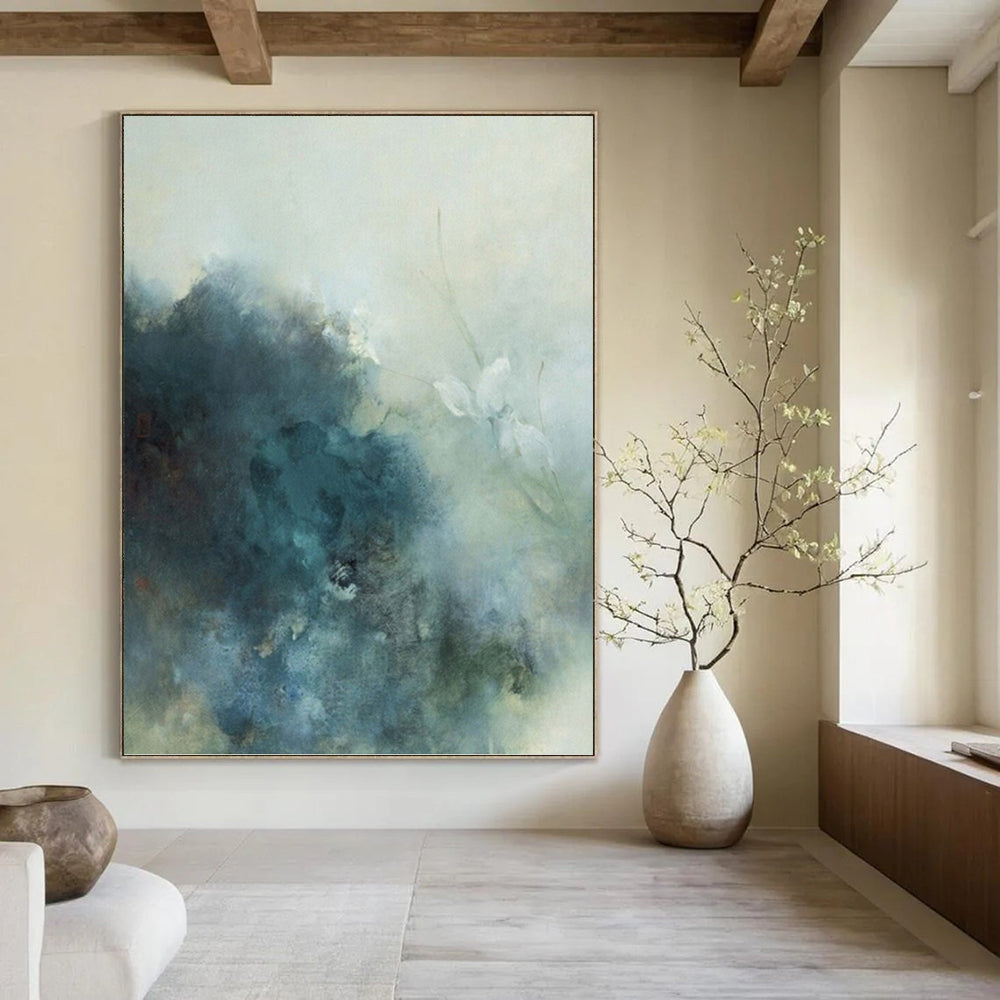 “Soft Blue - Gray Floral Mist” - Blue, Gray & White Abstract Flower Painting On Canvas DKH0948