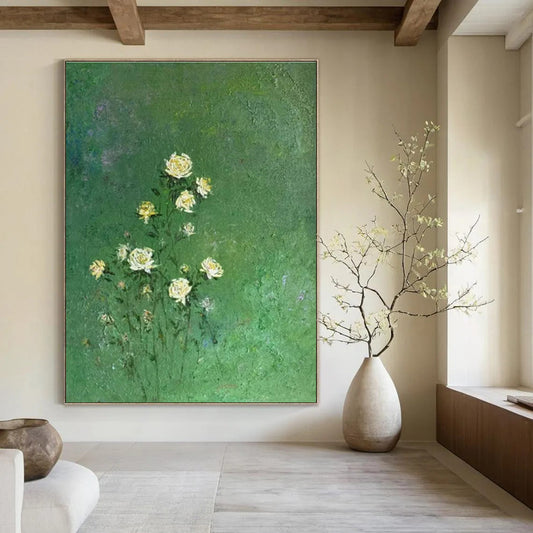 Green Background, White Flowers - "Whispering Blooms" - Impressionistic Oil Painting CT1453