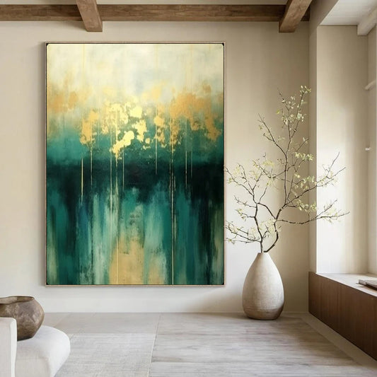 “Teal and Gold Abstract Art” – Minimalist Oil Painting On Canvas CT2168