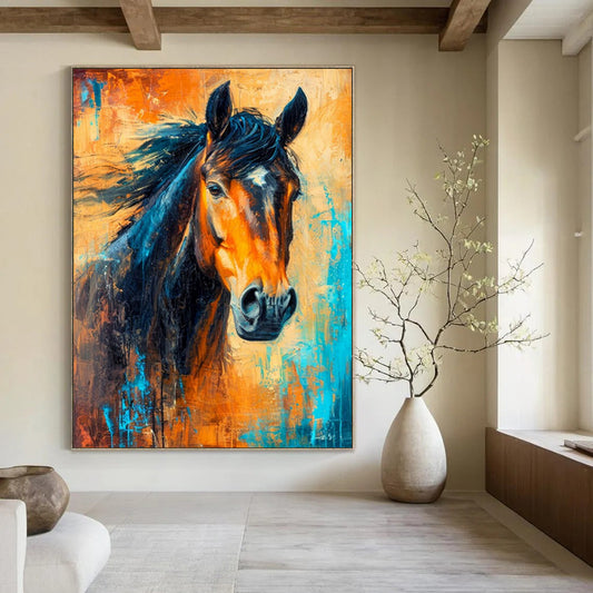 “Dynamic Horse Portrait” - Orange, Blue & Black Equine Painting On Canvas CT2210