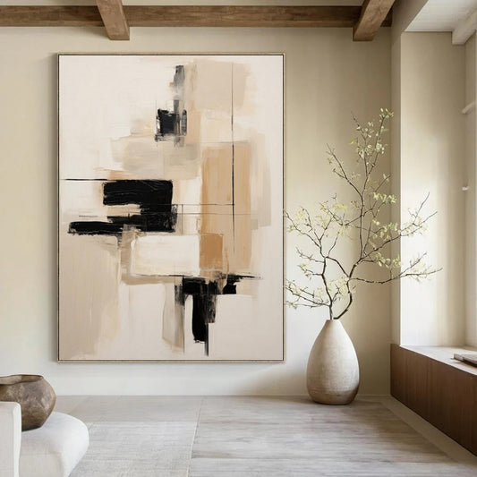 Neutral Tones with Black Blocks - Minimalist Abstract Acrylic On Canvas CT1296