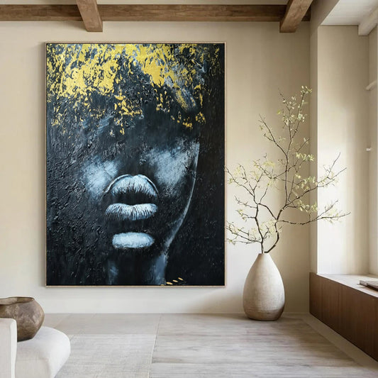 “Textured Black and Gold Portrait” – Abstract Impasto Portrait Painting On Canvas CT2153