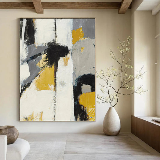 “Bold Neutrals” - Gray, Yellow, Black & White Abstract Block Painting On Canvas DKH1525