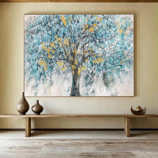 Blue Tree with Yellow Blossoms - Blue, Yellow & Gray Landscape Painting On Canvas DKH889