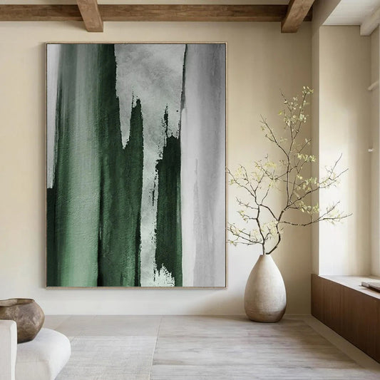 “Green & Gray Abstract Strokes” - Green & Gray Abstract Painting On Canvas DKH1216