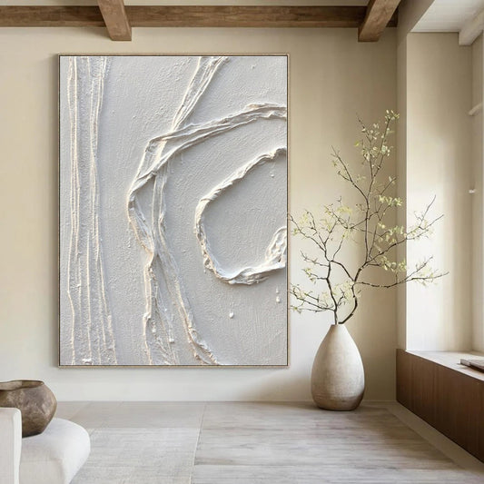 White Textured Curved Abstraction - Minimalist Textured Acrylic On Canvas CT1348