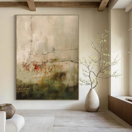Muted Tones with Red Accents & Textured Layers - "Faded Memories" - Abstract Mixed - media Painting CT1469