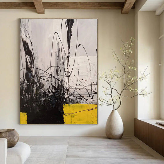 “Black - White - Yellow Abstraction” - Abstract Expressionist Painting On Canvas DTP053