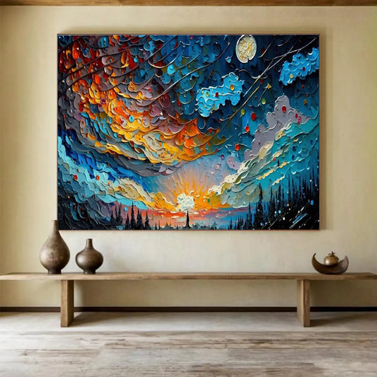 Starry Night Fantasy - Blue & Orange Textured Sky Painting On Canvas DKH878