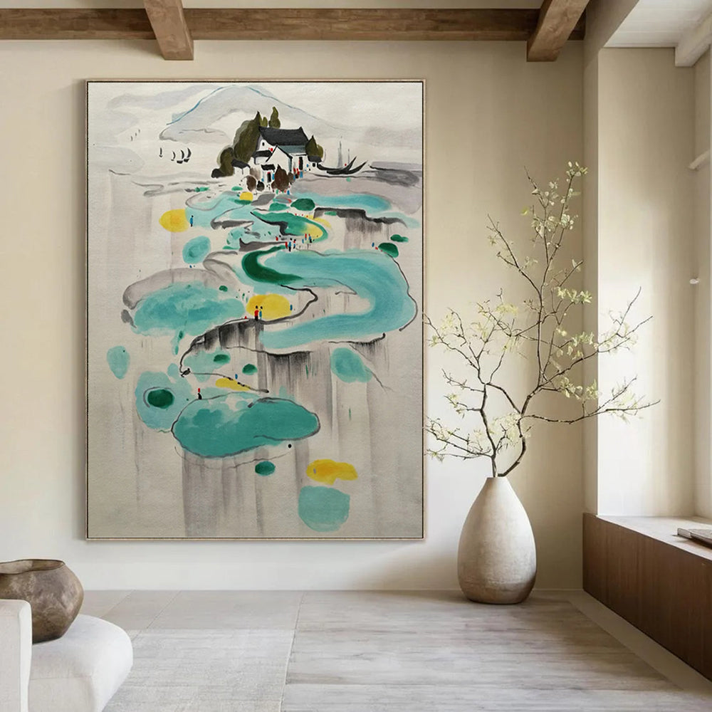 “Ink - Wash Village Dream” - Colorful Chinese Ink - Wash Landscape Painting On Canvas DKH1584