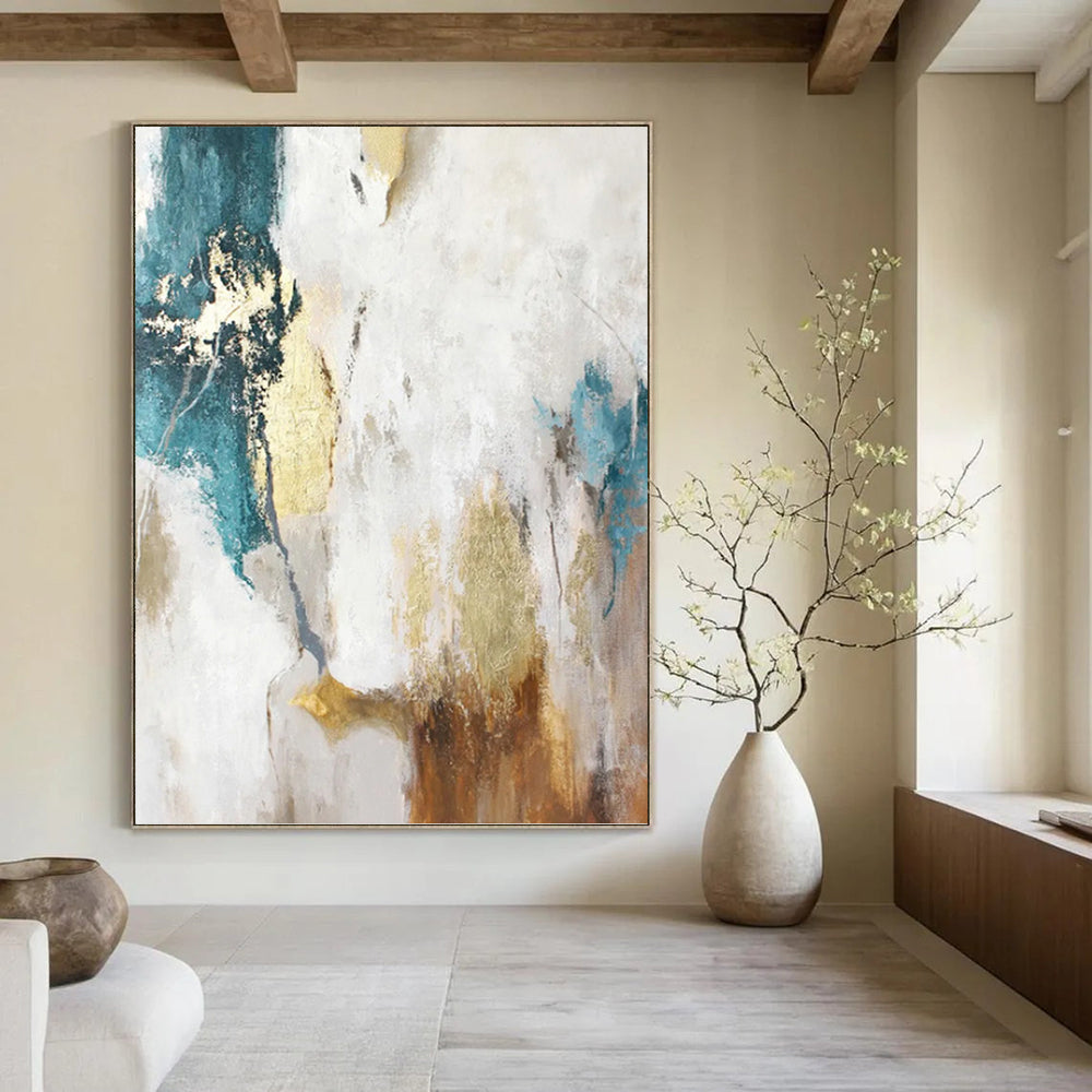 “Turquoise, Gold & White Abstract” - Turquoise, Gold & White Tropical - Inspired Painting On Canvas DKH1014