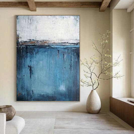 “Minimalist Drips” - Blue and White Abstract with Dripping Effects Painting On Canvas DKH1558