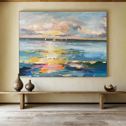 Colorful Sunset, Ocean, and Sailboats “Sailors’ Dusk Delight” Painting On Canvas DKH115