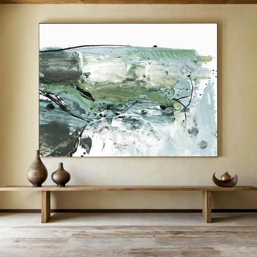 “Earthy Green and Blue Abstract” Mixed - media Abstract Painting On Canvas DLZ139