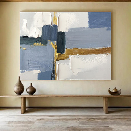 Geometric Blue and Gold Abstract Painting On Canvas DKH311