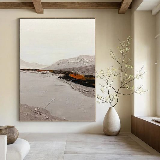 “Gray, Orange Textured Landscape ‘Misty Valley’” - Impasto Landscape Painting On Canvas DTP401