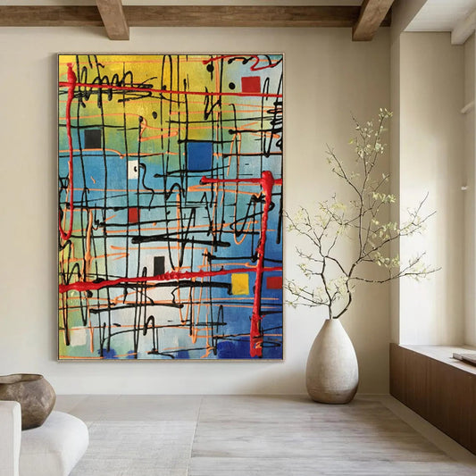 “Colorful Grid Energy” - Multicolor Geometric Abstract Painting On Canvas DKH1582