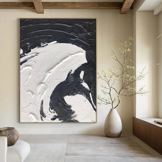 “Black, White Swirl ‘Yin - Yang Motion’” - Abstract Impasto Painting On Canvas DTP393