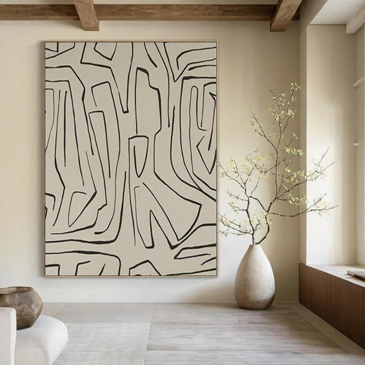 “Beige - Black Linear Abstraction” – Linear Abstract Painting CT1139