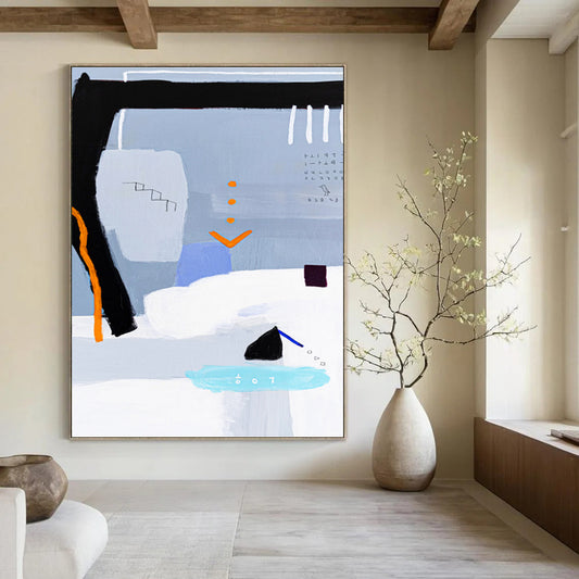 “Gray - Toned Abstract with Black, Orange, and Blue Accents” - Whimsical Abstract Painting On Canvas DKH1097