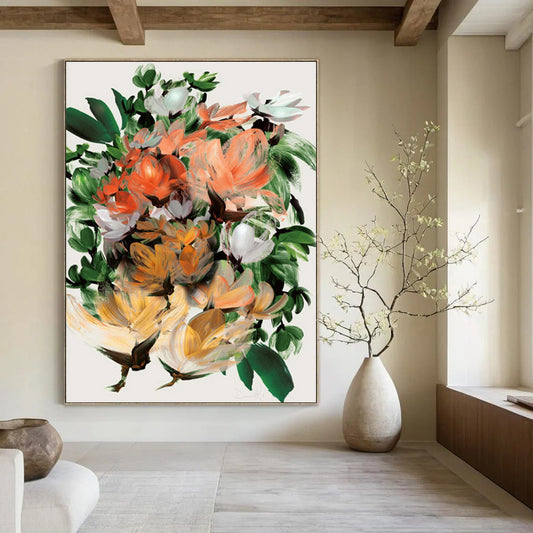 “Lush Floral Bouquet” - Orange, Green, White Abstract Painting On Canvas DTP217
