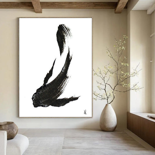 “Ink - Black Fish Silhouette” - Minimalist Ink Painting On Canvas DTP181