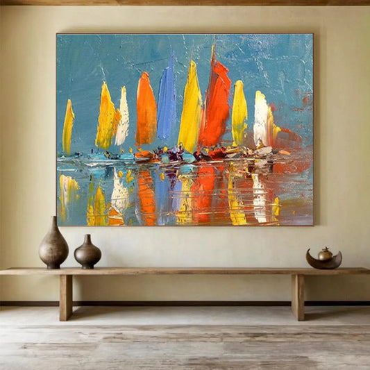 “Colorful Sailboats”:Impressionistic Marine Painting On Canvas DKH254