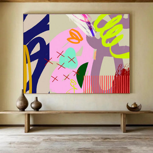 Bold Graphic Abstract in Pink, Neon, and Patterns Painting On Canvas DKH200