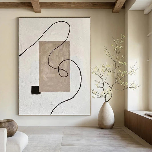 Minimalist Beige, Black, and Line Abstract - Abstract Painting On Canvas DKH1327