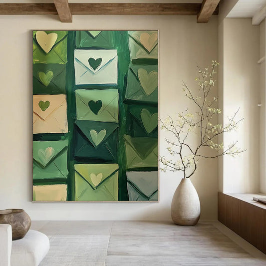 “Green Envelopes with Hearts” - Whimsical Still Life CT2031