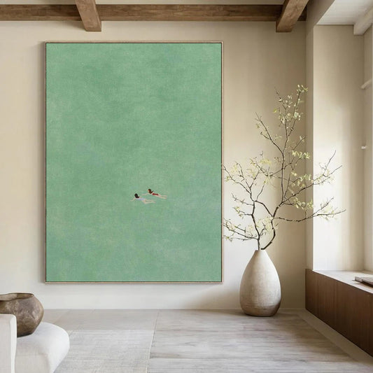 “Two Swimmers in Green” - Green, Blue, Red Minimalist Figurative Painting On Canvas DTP305