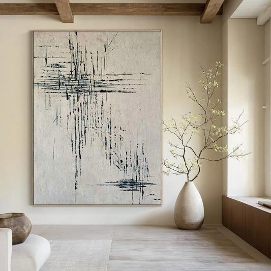 Beige with Blue Dripping Lines - Abstract Expressionist Acrylic On Canvas CT1315