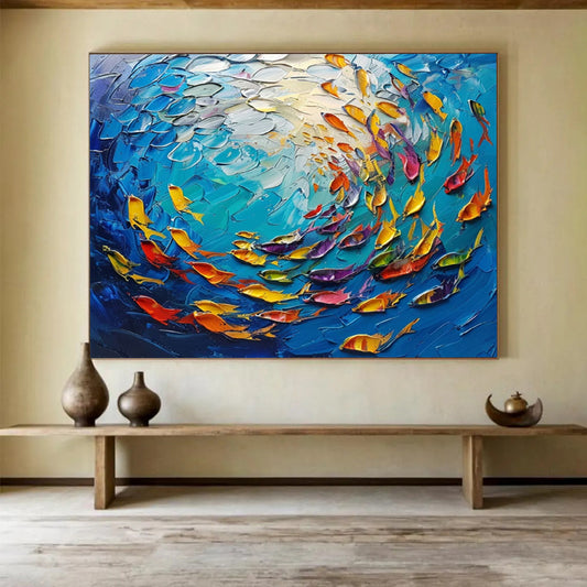 Textured Fish in Blue Sea - Impasto Marine Painting On Canvas DLZ199