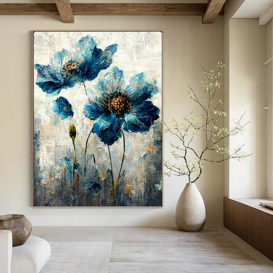 “Textured Blue Flowers” – Impasto Floral Oil Painting On Canvas CT2169