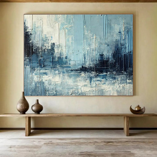 “Blue & Gray Textured Cityscape” Impasto Abstract Painting On Canvas DKH367