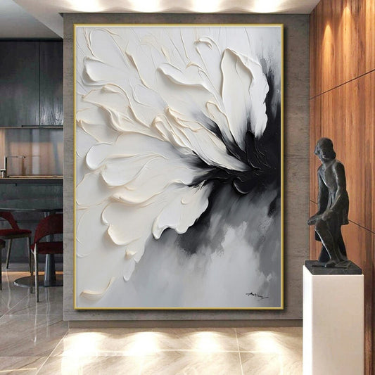 Black, White & Gray Textured Flower, “Silent Blossom” - Impasto Floral Painting CT0768