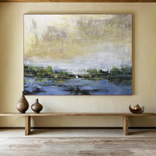 Subtle Abstract Landscape in Gold and Blue Painting On Canvas DKH195
