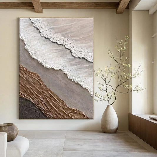 “White, Brown, Gray Textured Coast ‘Eroded Elegance’” - Mixed - Media Beach Painting On Canvas DTP344