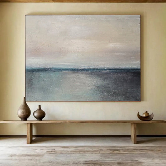 “Gray, Blue, Minimalist ‘Calm Horizon’” - Abstract Seascape Painting On Canvas DLZ017