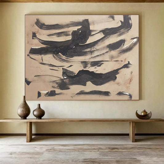 “Ink - Wash Abstraction” - Black, Beige Minimalist Brushstroke Painting On Canvas DKH735