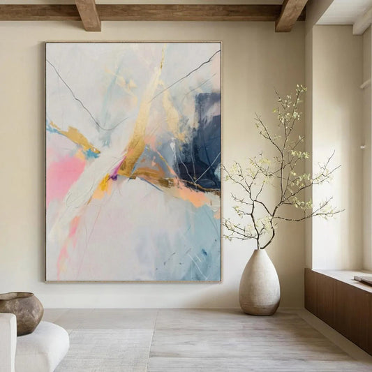 “Pastel, Gold & Blue Abstract Line Burst” Painting On Canvas DKH0995