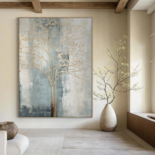Gold Tree, Blue - Grey Background - "Gilded Growth" - Abstract Landscape Painting CT1838