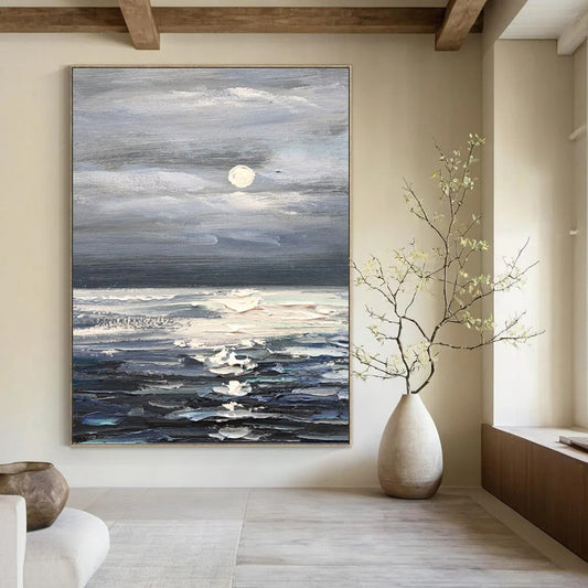 Moonlit Ocean in Gray and Blue - Impressionistic Seascape Painting On Canvas DKH1293