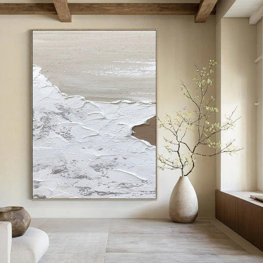 “White, Beige, Gray Textured Layers ‘Ethereal Landscape’” - Impasto Abstract Painting On Canvas DTP374