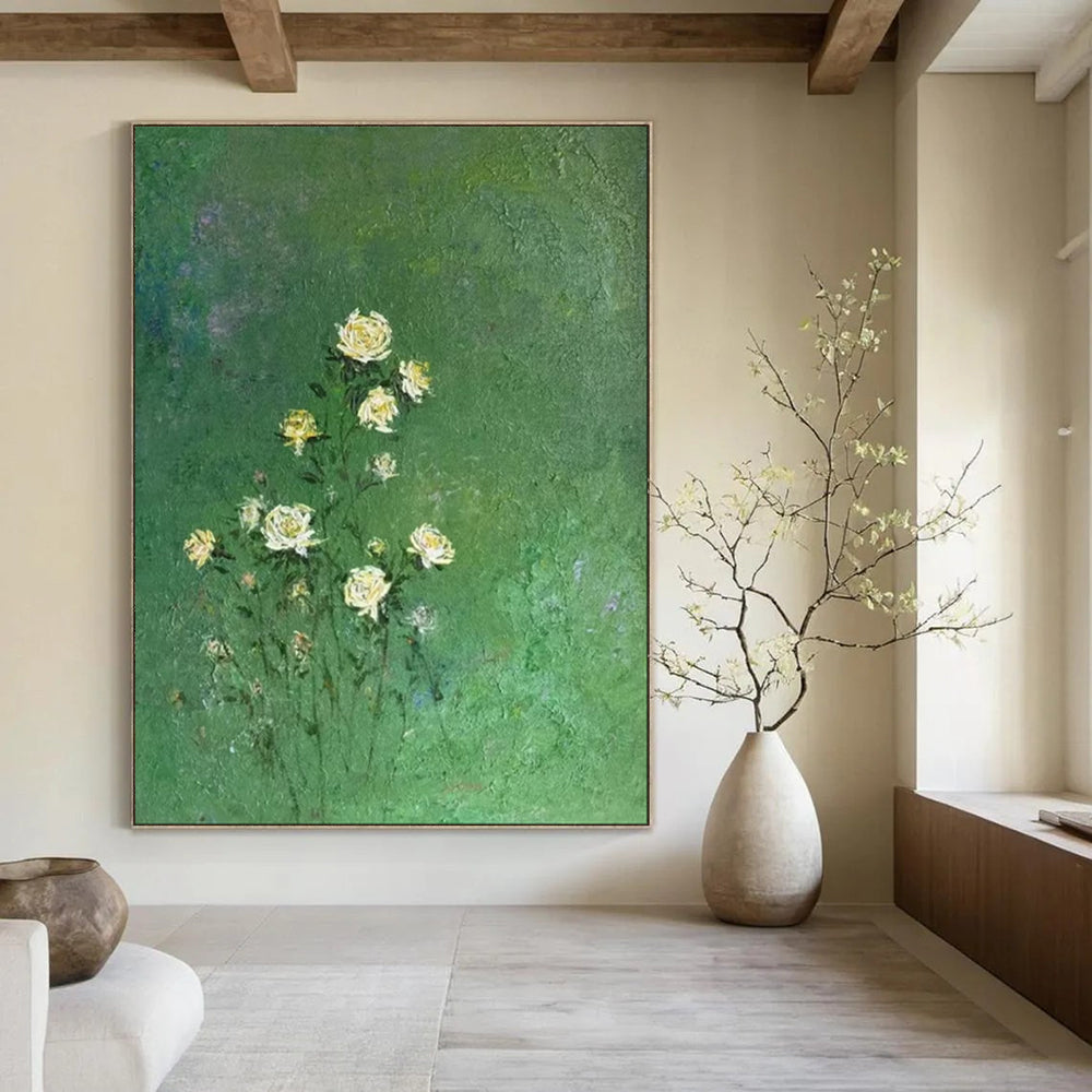 “Yellow Flowers on Green Background” - Impressionistic Floral Oil Painting CT1978