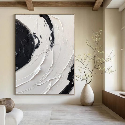 “Swirling Black - White Impasto” - Abstract Expressionist - Style Painting On Canvas DKH1677