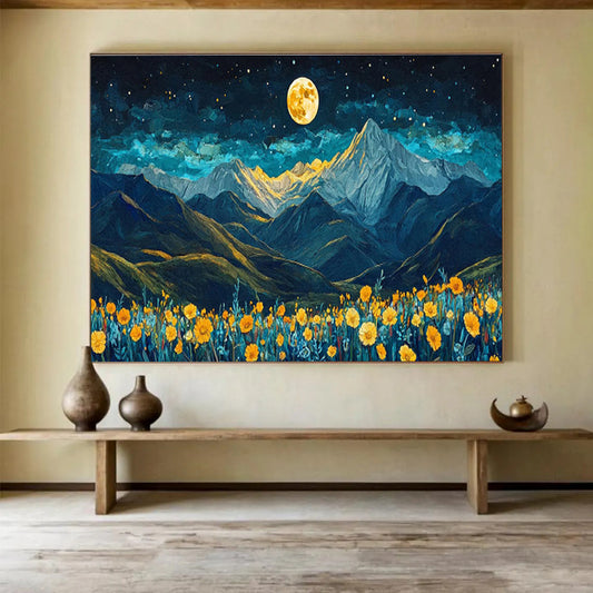 “Moonlit Peaks & Blooms” - Blue, Yellow, Gold Landscape Fantasy Painting On Canvas DKH694
