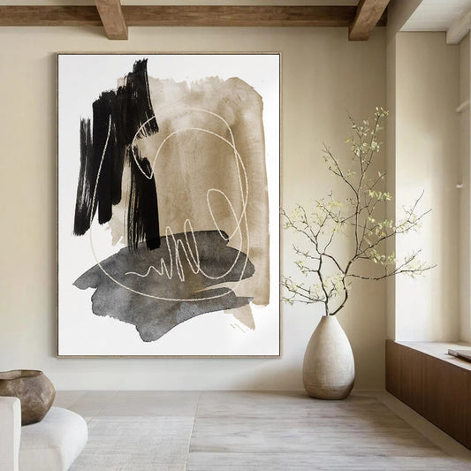 “Ink - Wash Abstract with White Lines” - Black, Beige & Gray Watercolor - Style Painting On Canvas DKH0969