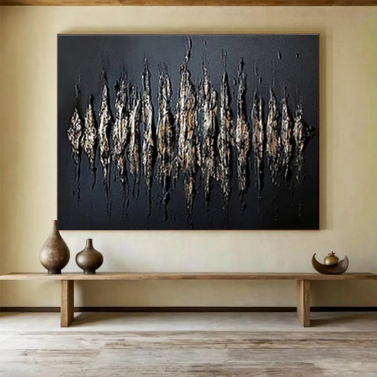 Textured Black and Gold Abstract “Gilded Textured Drama” Painting On Canvas DKH097