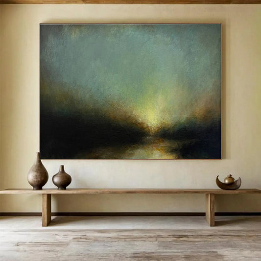 “Moody Green Sky Abstract River” - Atmospheric Landscape Painting On Canvas DKH777